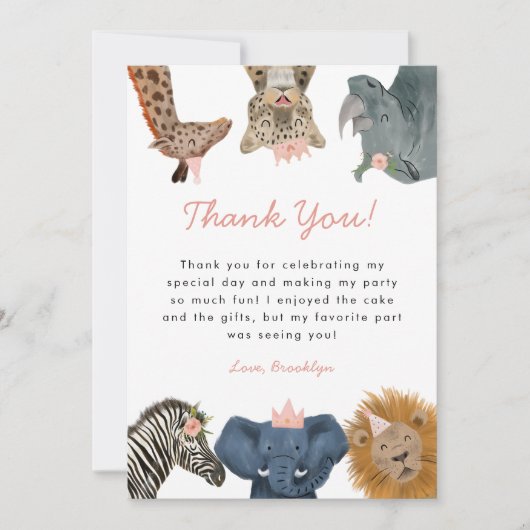 ピンクワイルドサファリアニマルズバースデーパーティー サンキューカード (正面)