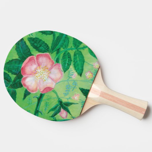 ピンクワイルドバラフラワーズ&グリーン葉イラストレーション 卓球ラケット (横)