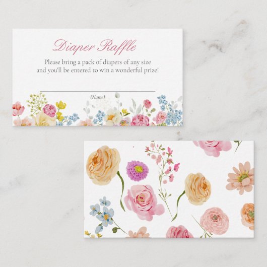 ピンクワイルドフラワーおむつラッフルチケット エンクロージャーカード (正面/裏面)