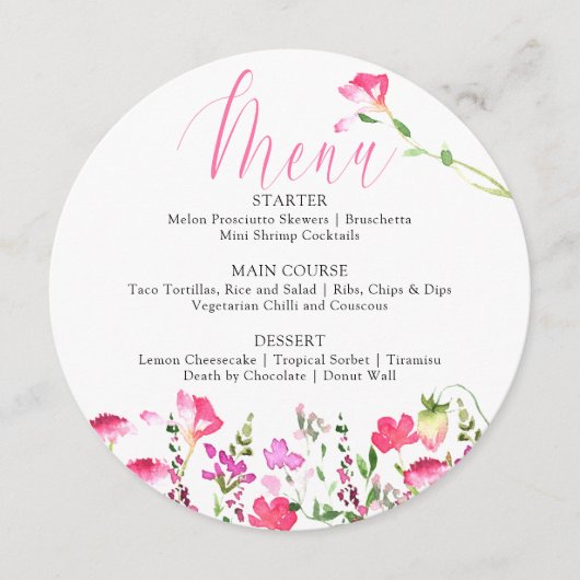 ピンクワイルドフラワーかわいらしウェディングシャワーメニュー メニュー (正面)