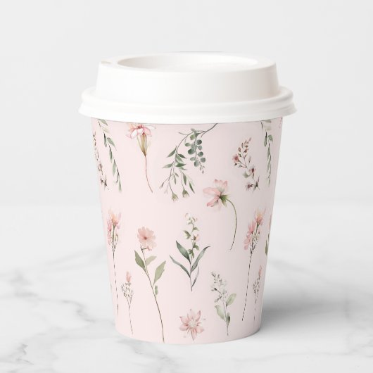 ピンクワイルドフラワーとセージ緑のパーティー 紙コップ (裏面)