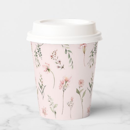 ピンクワイルドフラワーとセージ緑のパーティー 紙コップ (正面)