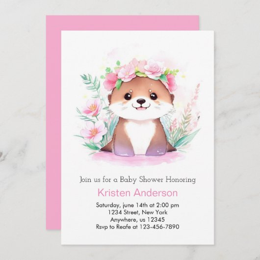 ピンクワイルドフラワーアドベンチャーオッターガールベビーシャワー 招待状 (正面/裏面)