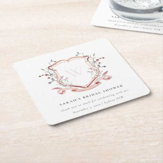 ピンクワイルドフラワーウォーターカラークレストブライダルシャワー スクエアペーパーコースター (アングル)