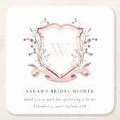 ピンクワイルドフラワーウォーターカラークレストブライダルシャワー スクエアペーパーコースター (正面)