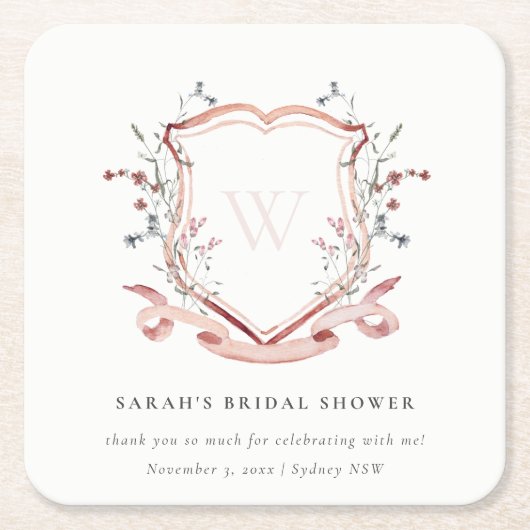 ピンクワイルドフラワーウォーターカラークレストブライダルシャワー スクエアペーパーコースター (正面)
