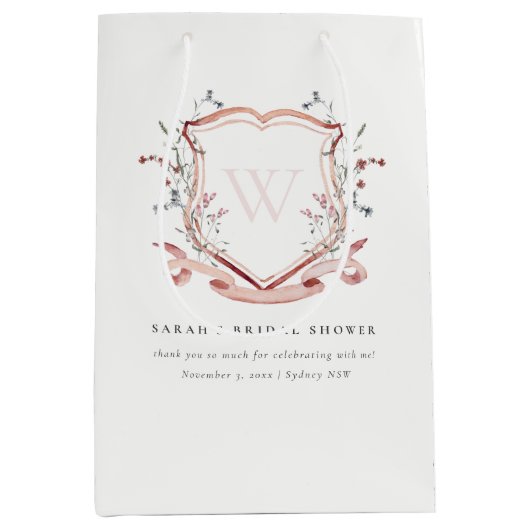 ピンクワイルドフラワーウォーターカラークレストブライダルシャワー ミディアムペーパーバッグ (正面)