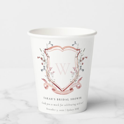 ピンクワイルドフラワーウォーターカラークレストブライダルシャワー 紙コップ (裏面)