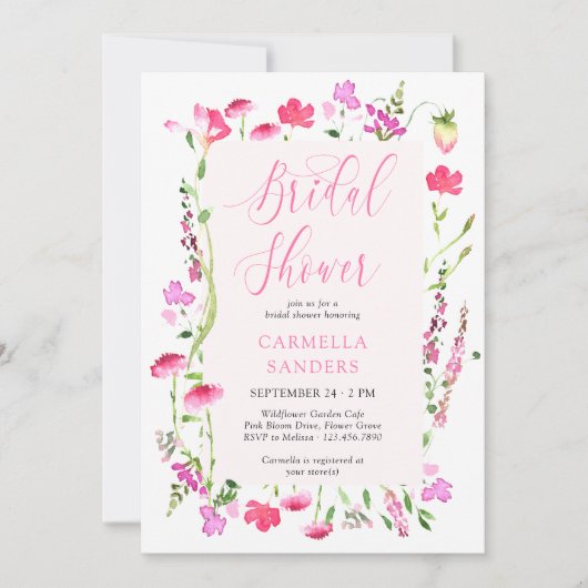 ピンクワイルドフラワーエレガントフェミニンブライダルシャワー 招待状 (正面)