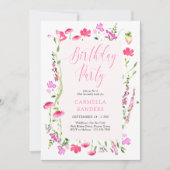 ピンクワイルドフラワーエレガントフェミニン誕生日パーティー 招待状 (正面)