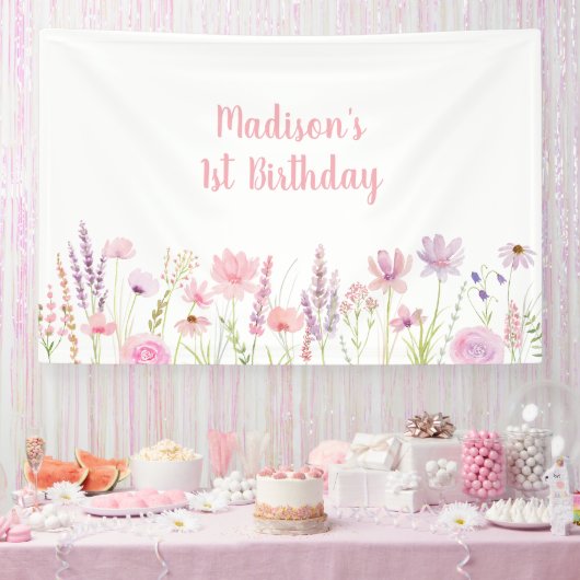 ピンクワイルドフラワーガーデン誕生日 横断幕 (パーティー)