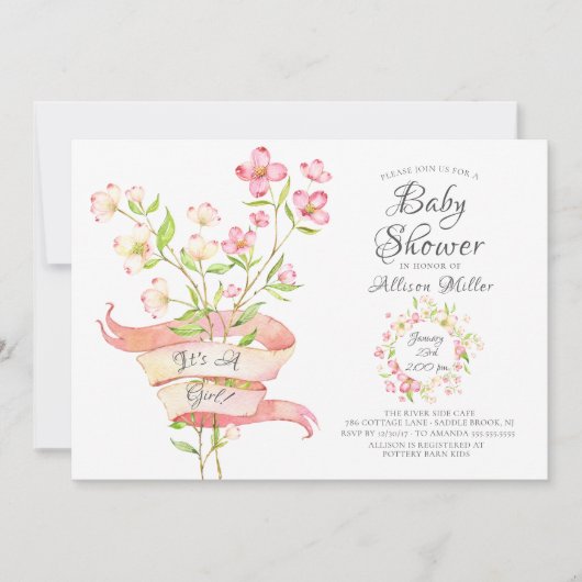 ピンクワイルドフラワーガールズベビーシャワー招待状 招待状 (正面)