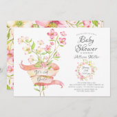 ピンクワイルドフラワーガールズベビーシャワー招待状 招待状 (正面/裏面)