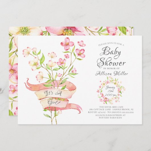 ピンクワイルドフラワーガールズベビーシャワー招待状 招待状 (正面/裏面)