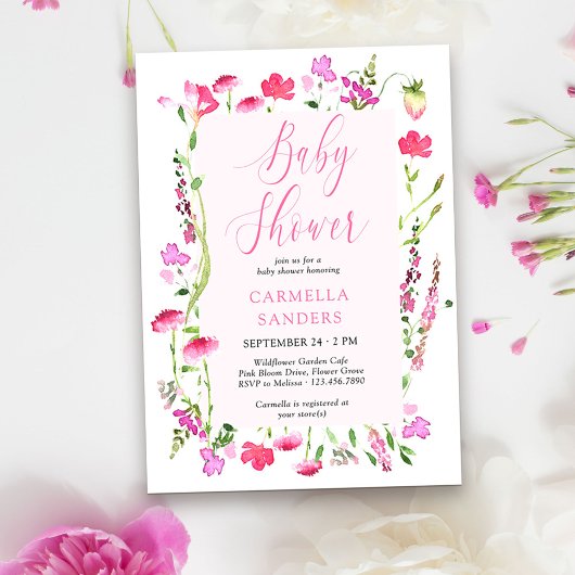 ピンクワイルドフラワーガールベビーシャワー優美なフローラinv 招待状