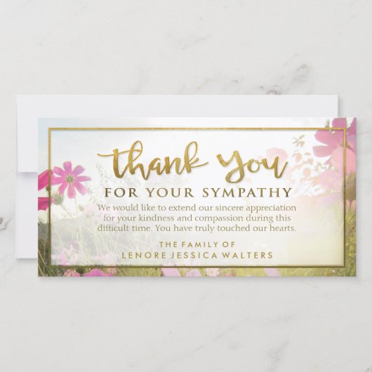 ピンクワイルドフラワーゴールデンありがとうお見舞いカード サンキューカード (正面)