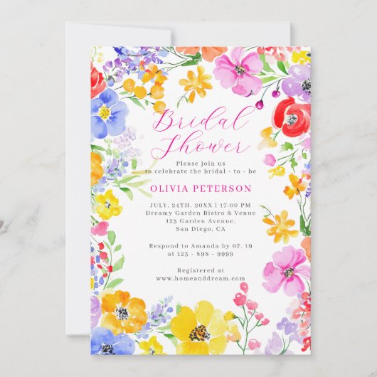 ピンクワイルドフラワーサマーガーデンブライダルシャワー 招待状 (正面)