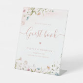 ピンクワイルドフラワースクリプト結婚ラスティックゲストブック 台座サイン (正面)