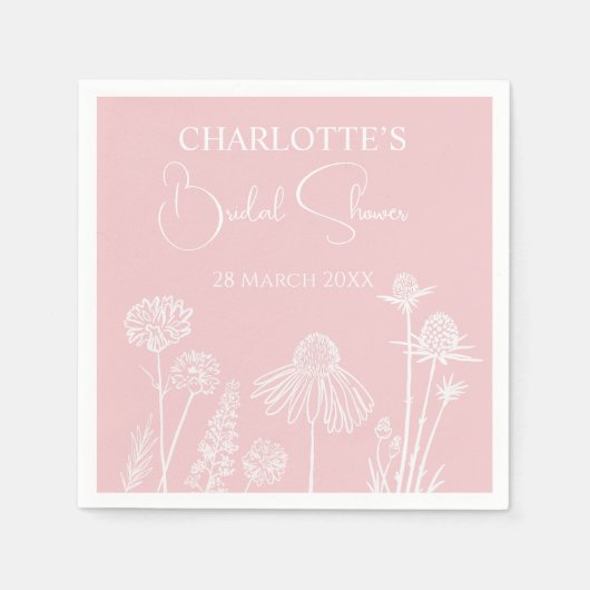 ピンクワイルドフラワースケッチフローラブライダルシャワー スタンダードカクテルナプキン (正面)