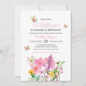 ピンクワイルドフラワーズテーマガールズ誕生日 招待状 (正面)