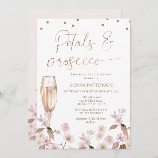 ピンクワイルドフラワーズ花びらとプロセッコブライダルシャワー 招待状 (正面/裏面)