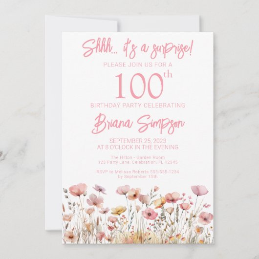 ピンクワイルドフラワーズ100thサプライズバースデーパーティー 招待状 (正面)