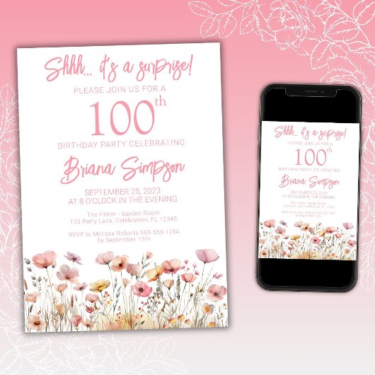 ピンクワイルドフラワーズ100thサプライズバースデーパーティー 招待状