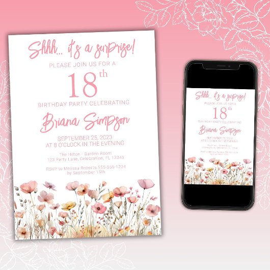 ピンクワイルドフラワーズ18thサプライズバースデーパーティー 招待状