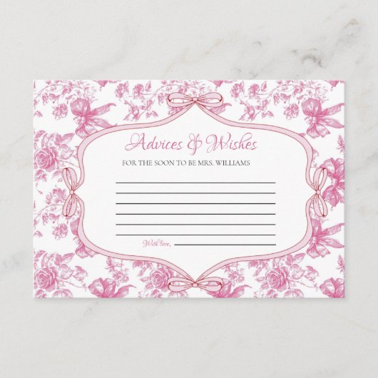 ピンクワイルドフラワーティーアドバイス&WIshesブライダルシャワー エンクロージャーカード (正面)