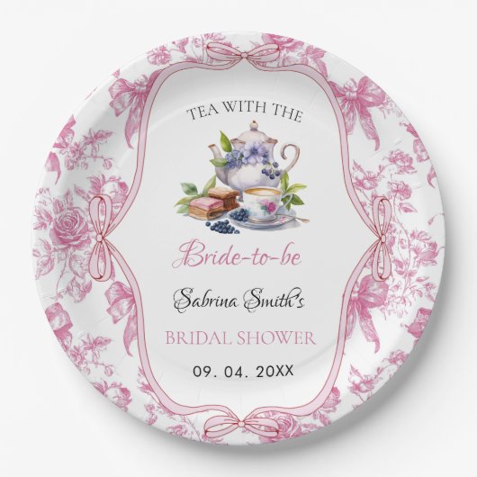 ピンクワイルドフラワーティーパーティーブライダルシャワーパーティー ペーパープレート (正面)