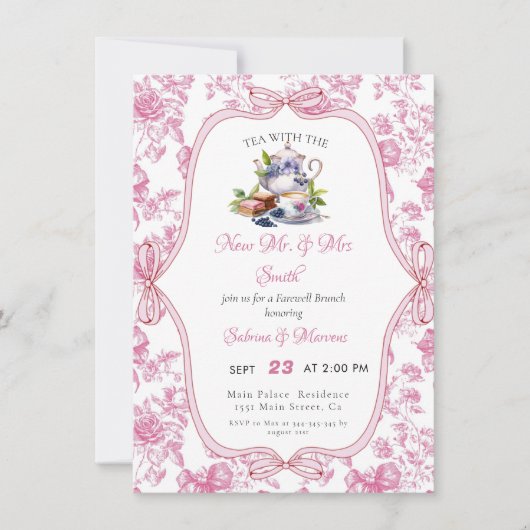 ピンクワイルドフラワーティーパーティー送別会 招待状 (正面)