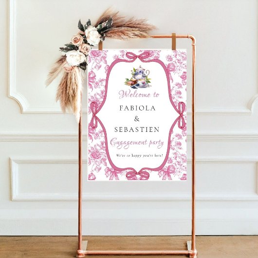 ピンクワイルドフラワーティー婚約パーティウェルカムサイン ポスター