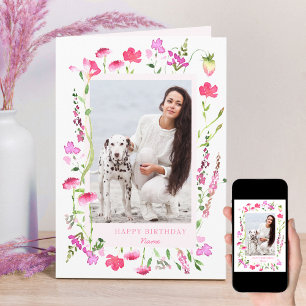 ピンクワイルドフラワーデリケートフローラ写真誕生日 カード