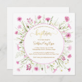 ピンクワイルドフラワーバプティスカード金ゴールドフォント 招待状 (正面/裏面)