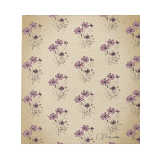 ピンクワイルドフラワーパターンヴィンテージ旧紙パーソナル ノートパッド (正面)