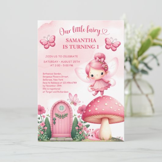 ピンクワイルドフラワーフェアリーファースト誕生日ガーデンパーティー 招待状 (スタンド正面)