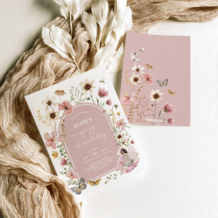 ピンクワイルドフラワーフェアリーファースト誕生日ガーデンパーティー 招待状