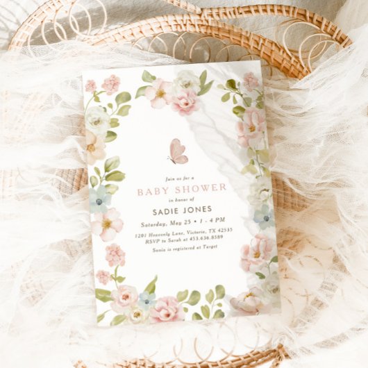 ピンクワイルドフラワーフローラガールズベビーシャワー 招待状