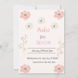 ピンクワイルドフラワーフローラギトリー誕生日パーティー 招待状