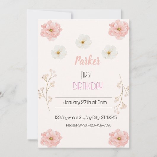 ピンクワイルドフラワーフローラギトリー誕生日パーティー 招待状 (正面)