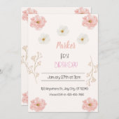 ピンクワイルドフラワーフローラギトリー誕生日パーティー 招待状 (正面/裏面)