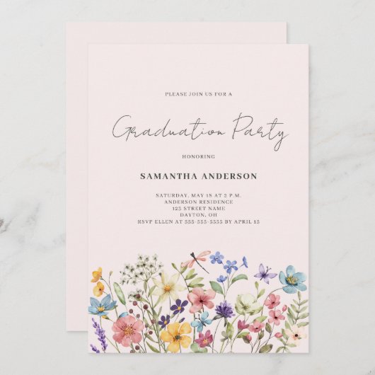 ピンクワイルドフラワーフローラ卒業パーティー 招待状 (正面/裏面)