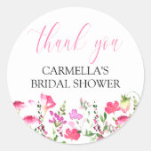 ピンクワイルドフラワーブライダルシャワーサンキュースクリプト ラウンドシール (正面)