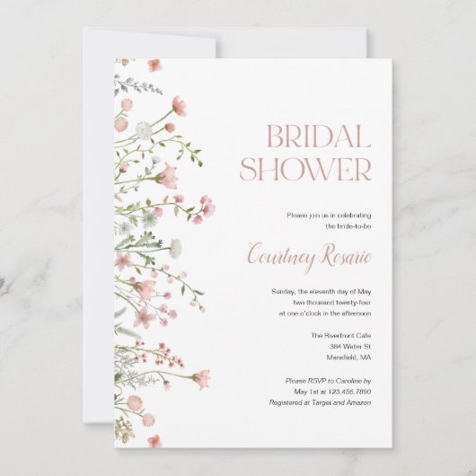 ピンクワイルドフラワーブライダルシャワー 招待状 (正面)