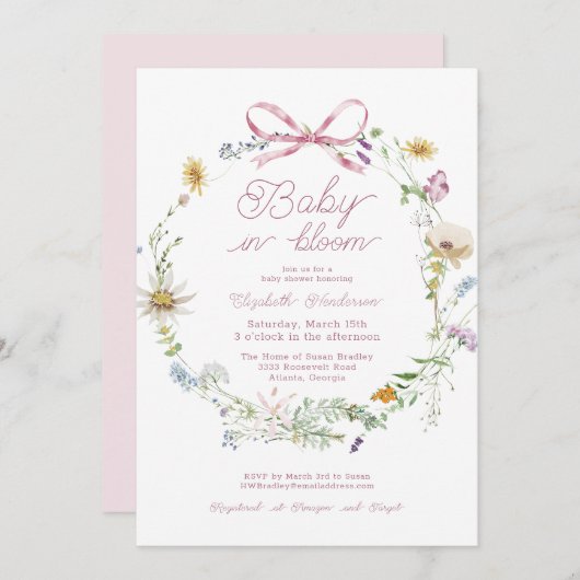 ピンクワイルドフラワーベビーイン開花ベビーシャワー 招待状 (正面/裏面)
