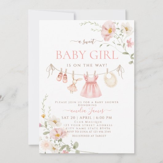 ピンクワイルドフラワーボホの赤ちゃん服ベビーシャワー 招待状 (正面)