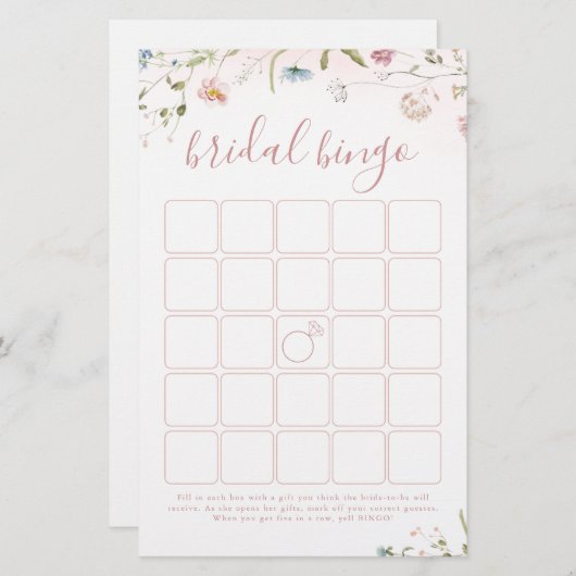 ピンクワイルドフラワーボホブライダルシャワービンゴゲーム (正面/裏面)