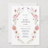 ピンクワイルドフラワーメドウリースベビーシャワー 招待状 (正面)