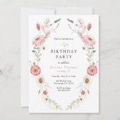 ピンクワイルドフラワーメドウリース誕生日 招待状 (正面)