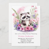 ピンクワイルドフラワーラクーンガールベビーシャワー 招待状 (正面/裏面)